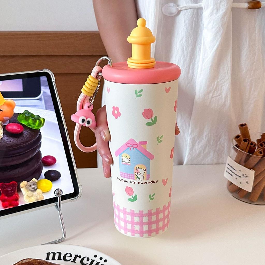 Cartoon High-value Straw Thermos Cup for Girls, Convenient Handle with Small Pendant 316 Stainless Steel Cute Accompanying Cup