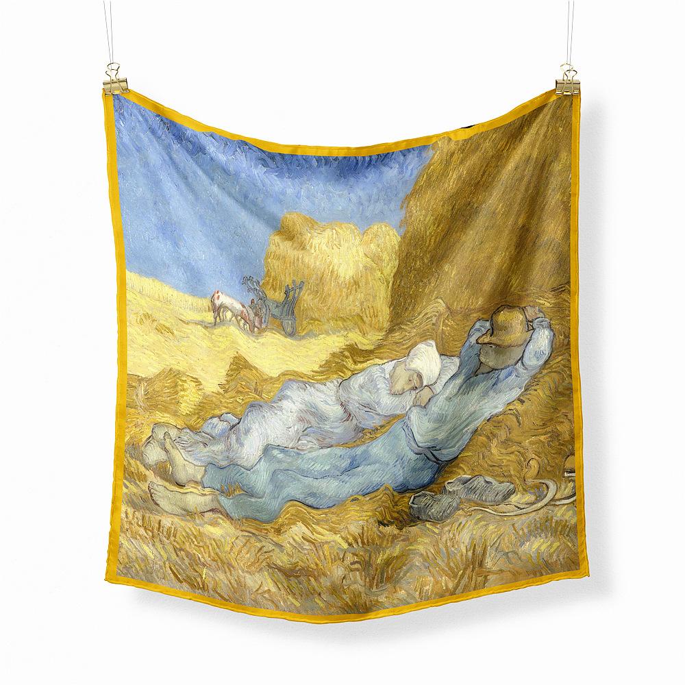 Famous Oil Painting Twill 100% Silk Scarf Fashion Bandana Women Scarf Wraps 53cm Square Scarves Hijab Head Scarf Neckerchief