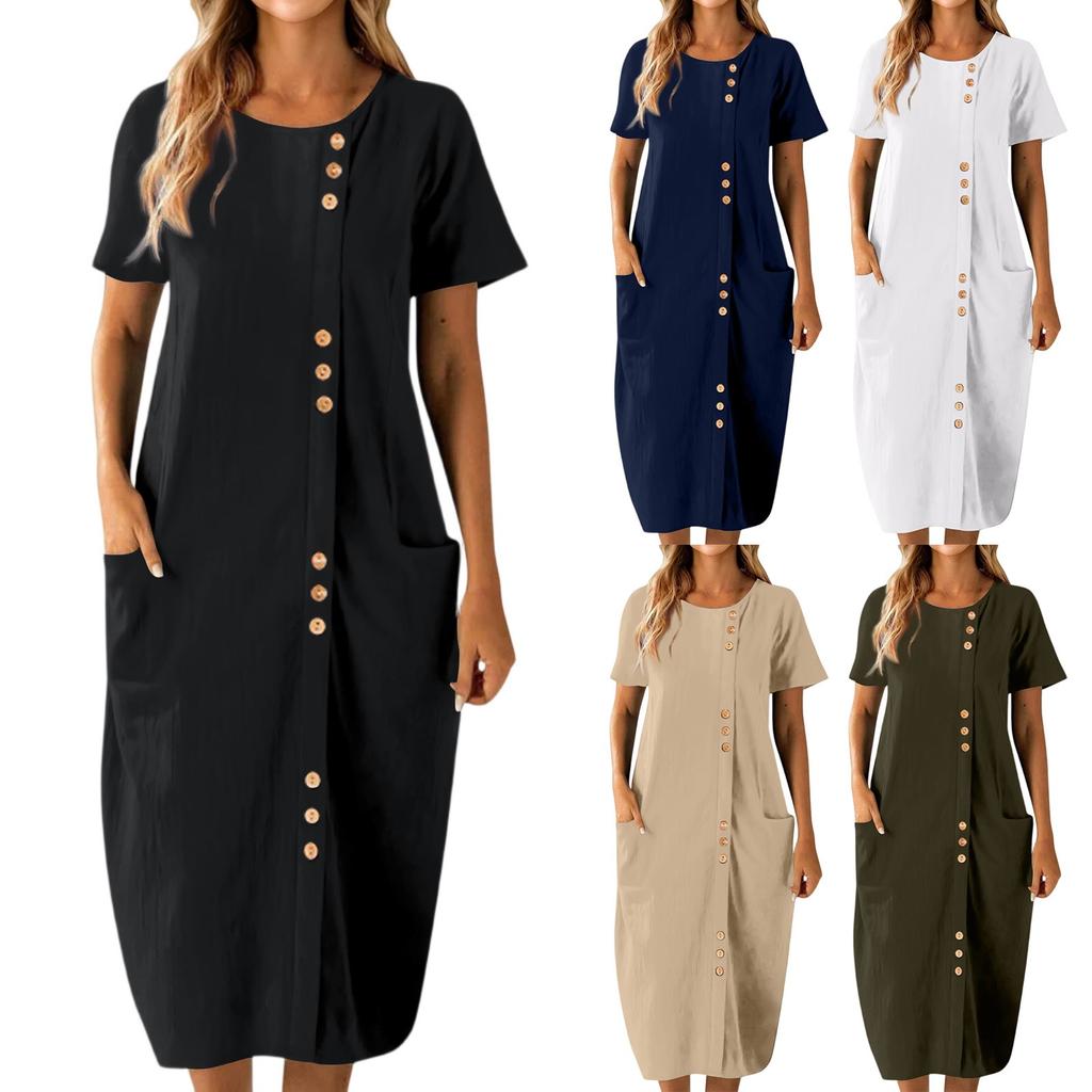 Dress For Women Casual Button Down Short Sleeve Loose Dresses With Pockets