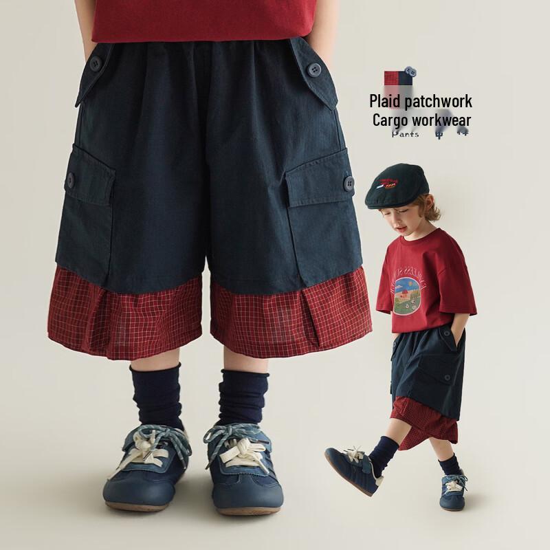Boys  Plaid Patchwork Cargo Cropped Pants M