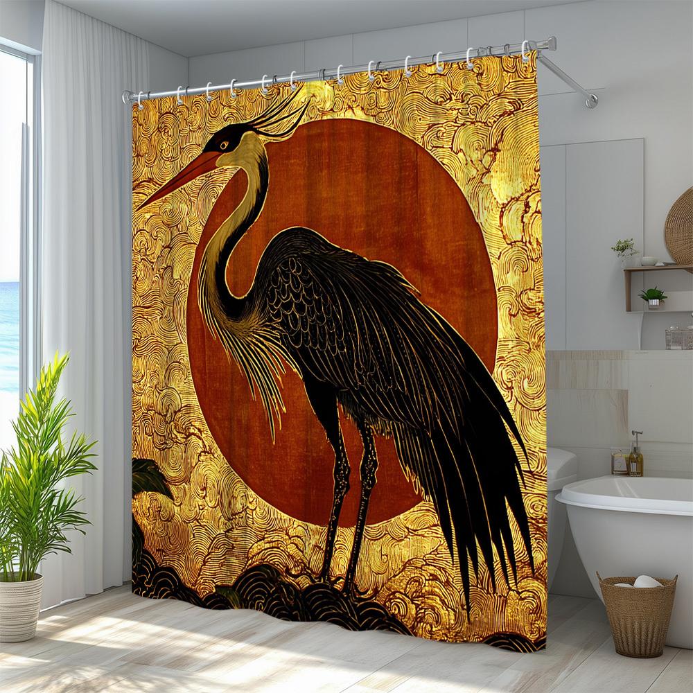 1pc Natural Scenery Shower Curtain, Crane Bird Pattern, Sunlight Lining Background Theme, Bathroom Decorative Polyester Fabric