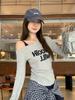 Slant Shoulder Off-the-shoulder Letter Print Long-sleeved T-shirt Women's Early Autumn New Pleated Slim-fit Design Shoulder Strap Top