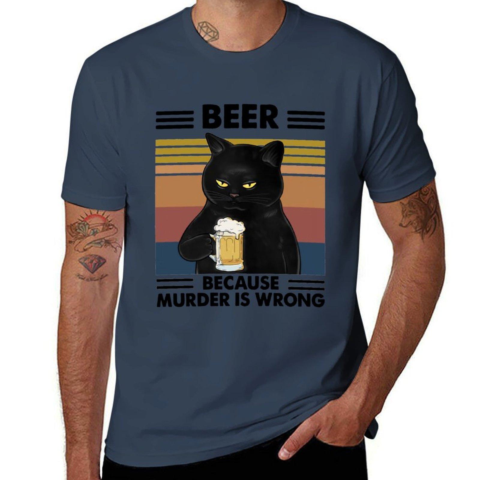 Funny Black Cat With Beer Vintage Art Beer TShirt Big and Tall Crew Neck Tee S