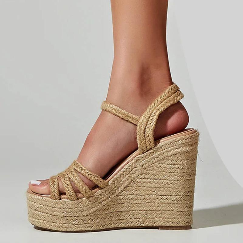 Fashion 2024 New design bohemian wedges platform peep toe sandals ankle strap high heel comfort casual shoes pumps rope sole