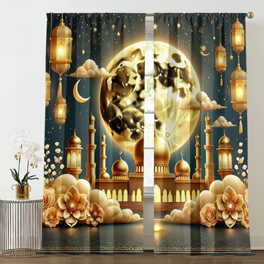2PCS Gilded Moonnight Islamic Festival Curtains   Luxury Style   Bedroom and Living Room   Drawbar Pocket Decoration