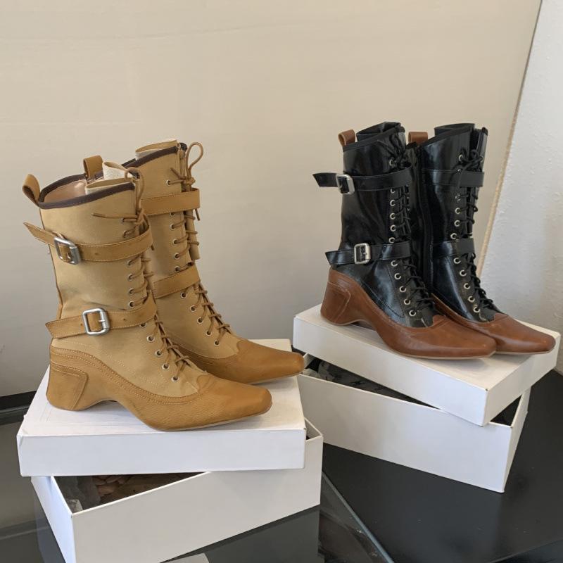 

Niche design square head shotgun Martin boots 2025 summer new retro straps thin boots belt buckle short boots women 40 жёлтый