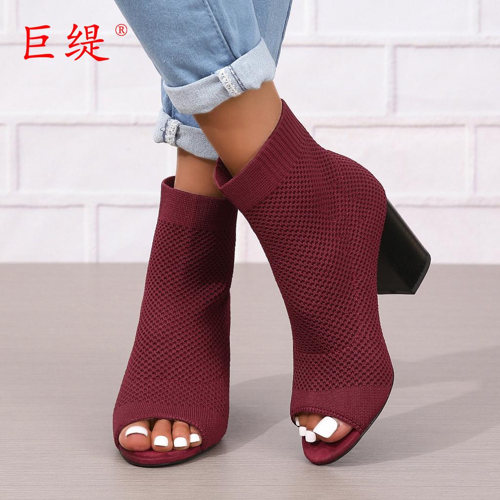 New Fish Mouth Fashion Large Size High-heeled Women's Shoes Knitted One-pedal Women's Sandals