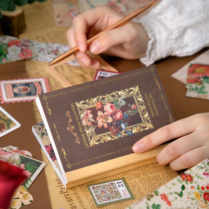 Retro Floral Imprint Greeting Journal Gift Box with English Stickers