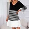 Women's Fashion Casual V-Neck Striped Plaid Print Pocket Three-quarter Sleeve Dress