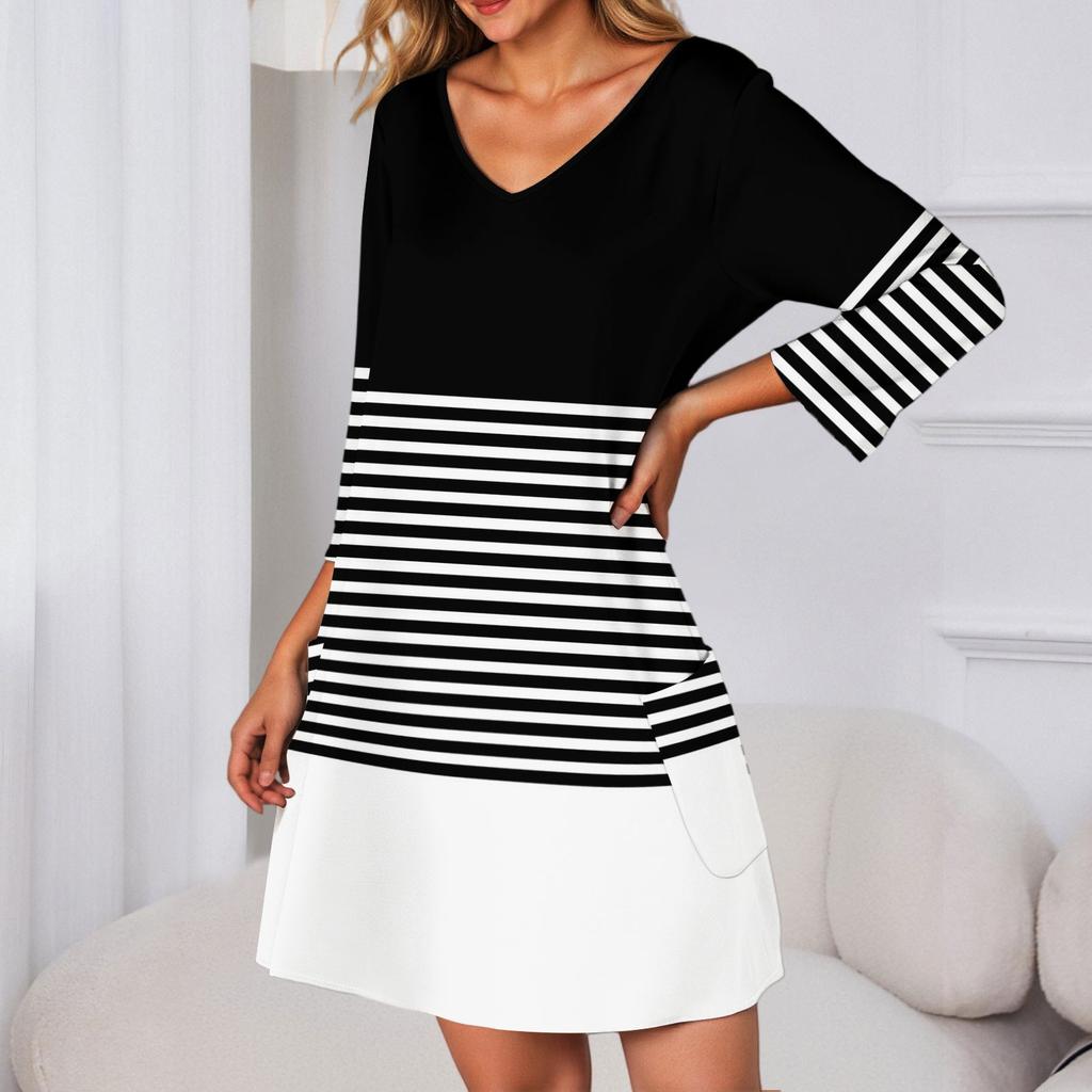 Women's Fashion Casual V-Neck Striped Plaid Print Pocket Three-quarter Sleeve Dress