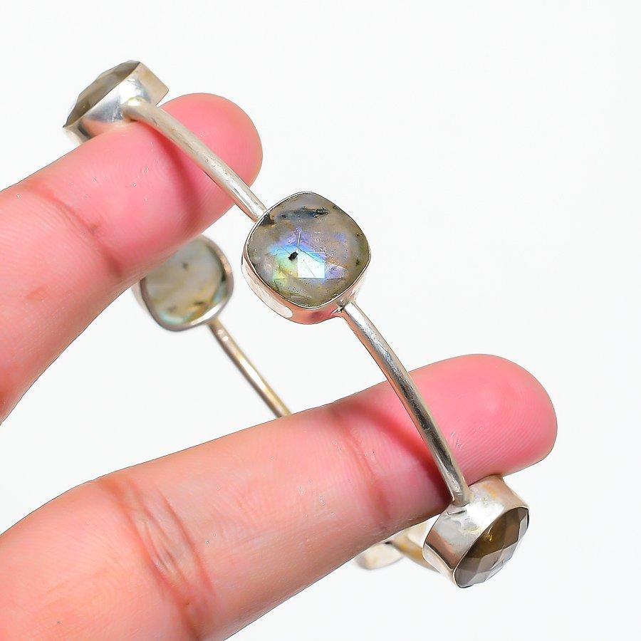 Labradorite Gemstone Handmade 925 Sterling Silver Cuff Bangle 6-7" KJ-1769