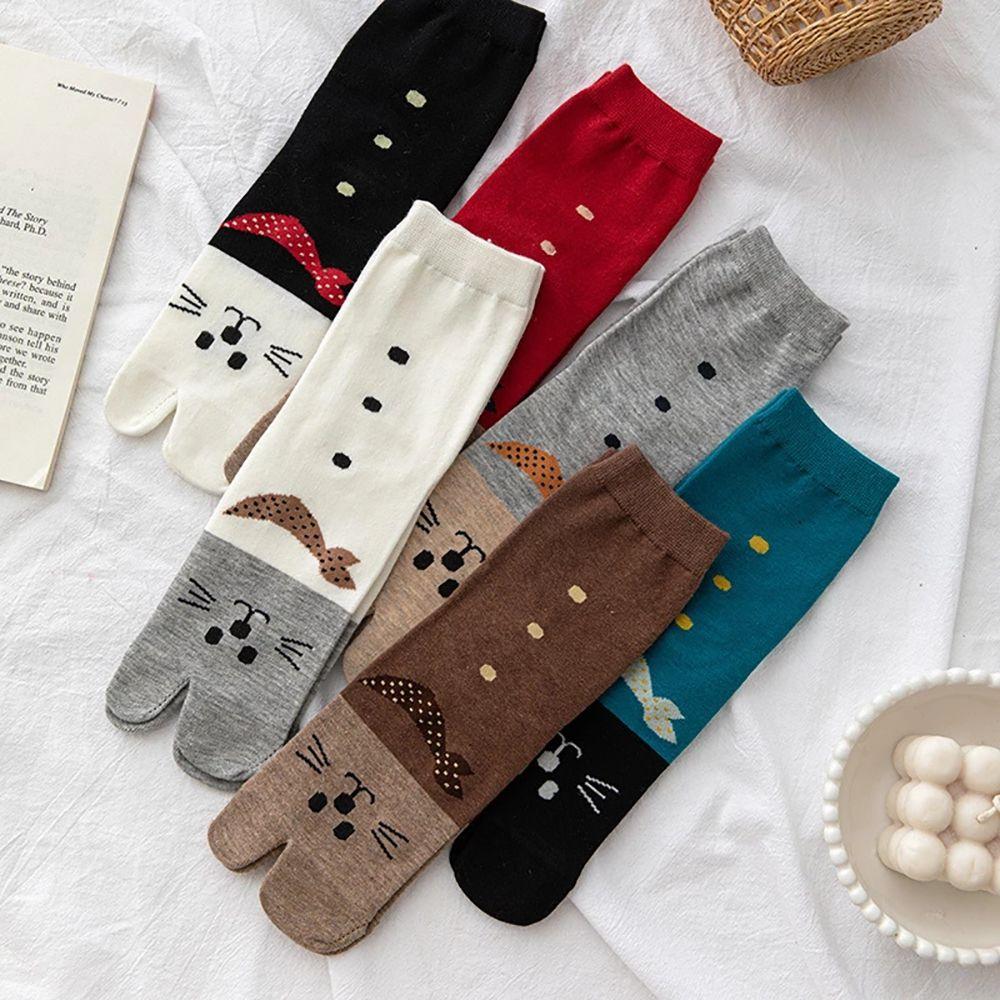 Socks Cotton Two Finger Socks Cartoon Female Middle Tube Socks Hosiery Two Toe Socks Cat Socks