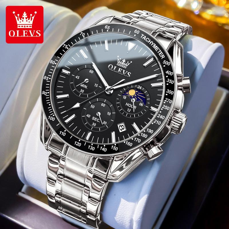 OLEVS 3618 Brand New Fashion Light Blue Quartz Watch Men Stainless Steel Waterproof Luminous Date Moon Phase Chronograph Watches Mens