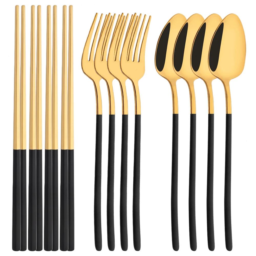 Silver Stainless Steel Flatware Cutlery Set Sushi Sticks Dinner Set 12Pcs Dinnerware Korean Chopsticks Fork Spoon Dinnerware