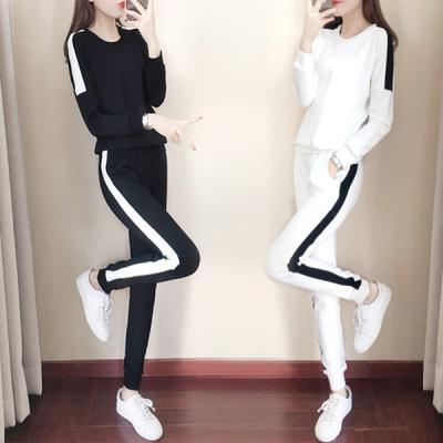 Casual Sports Suit for Women, Spring and Autumn Korean Style Loose Black and White Running Sportswear Sweatshirt Two-piece Set