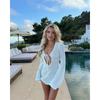 Holiday Hollow Out Mini Dress Women Knit Lace Up Long Flare Sleeve Beach Dresses, Lady Vacation Solid Vestidos