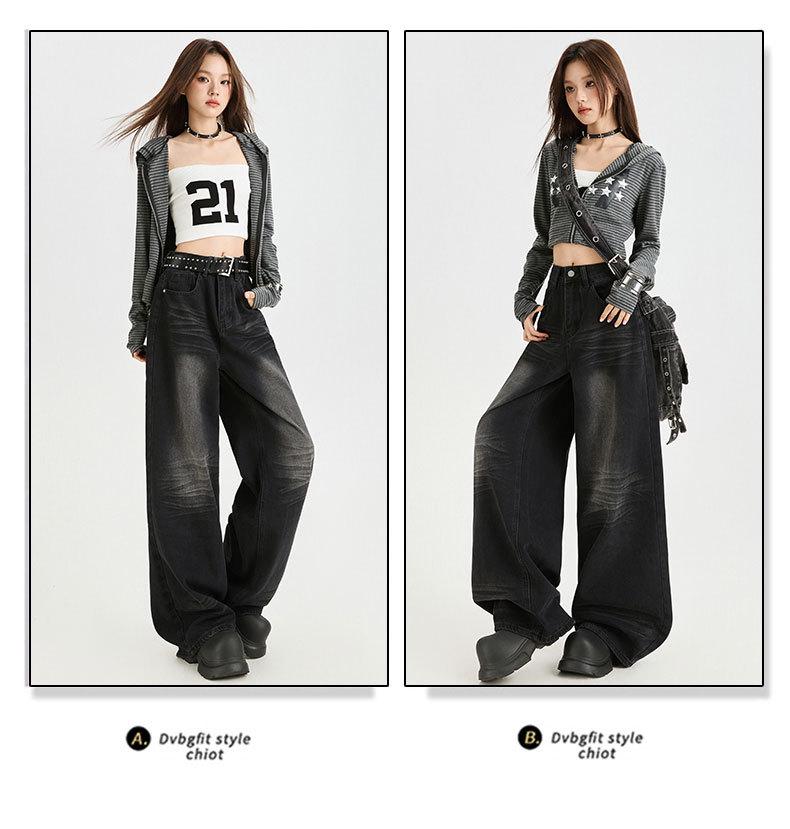 Dámské retro černé a šedé džíny se širokými nohavicemi s designem puku pro podzim 2025