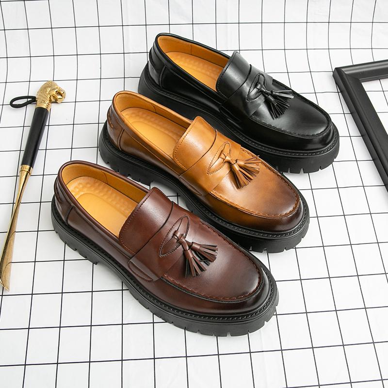 Brand Men's Pointed Business Formal Loafers Leather Shoes Spring New Men's Comfortable Thick Soled Tassel Leather Shoes