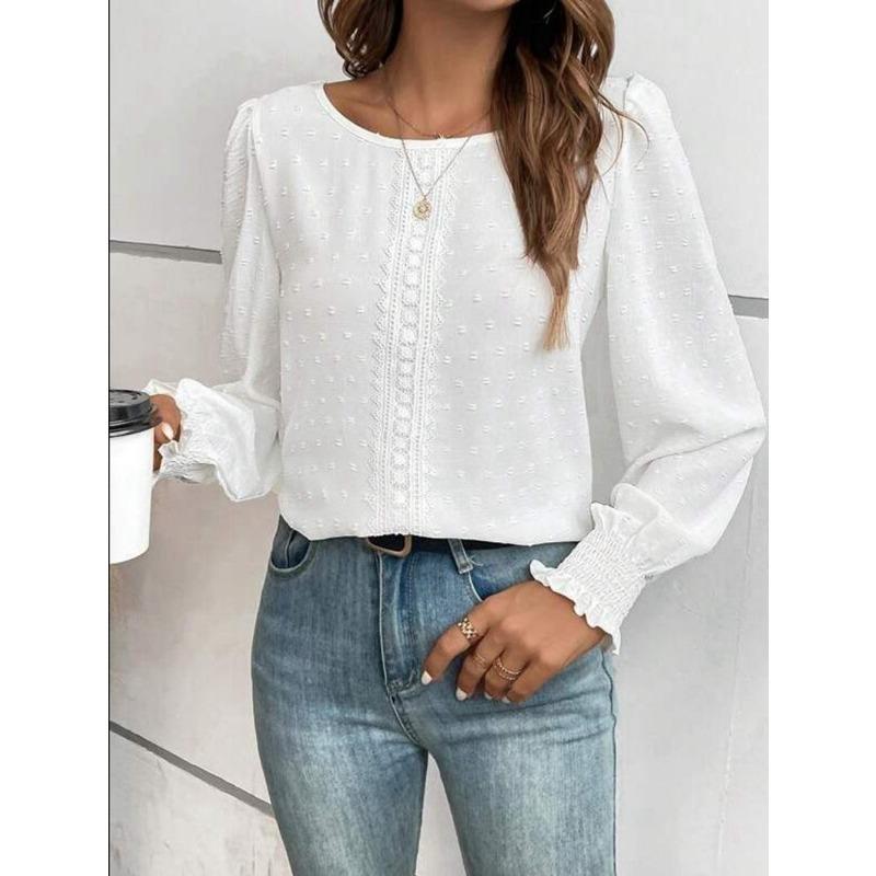 Elegante Dames Ronde Hals Kant Blouse Nieuw Lange Mouw Kantoor Casual Shirt Effen Kleur Tops Lange Mouw Lente Herfst Eenvoudige Zoete Kleding