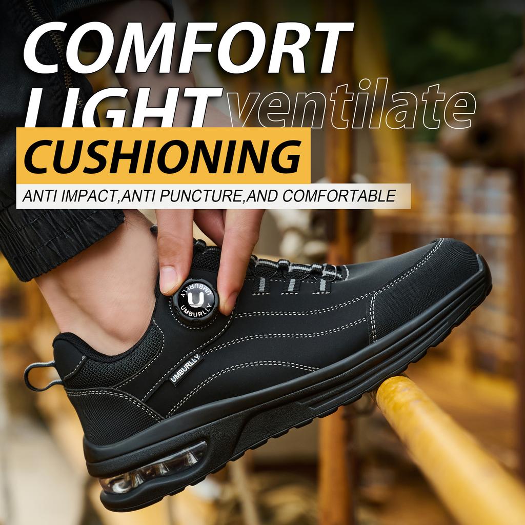 Men's Steel Toe Safety Work Boots Puncture Resistant Kevlar Midsole Air Cushioned Black Button Style Industrial Construction