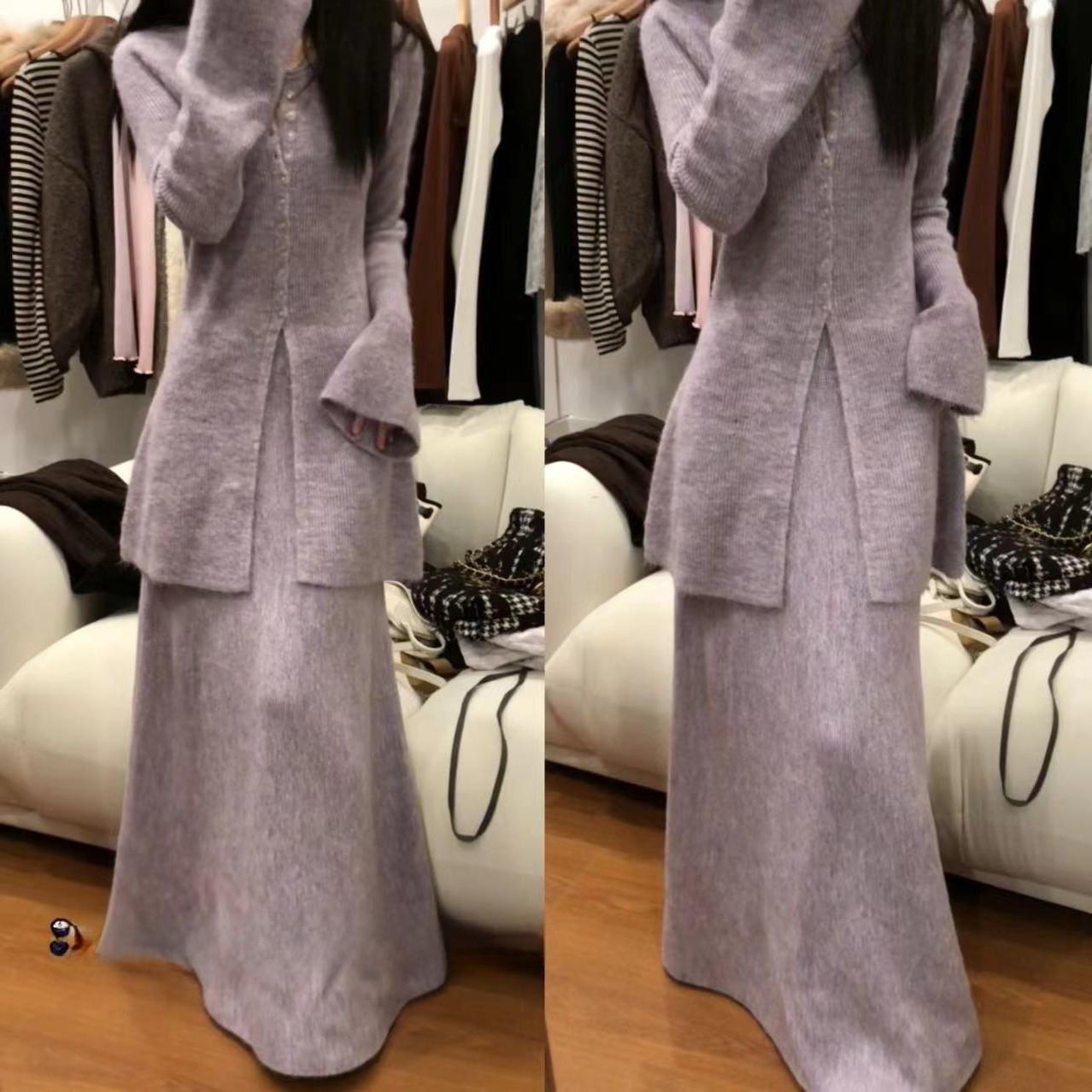 Elegant Women s Fishtail Knit Midi Skirt - New Autumn/Winter Style, Thick A-Line Design S серый/фиолетовый