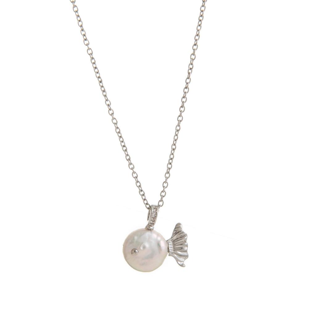 Ocean World Clownfish & Pearl Necklace - Kissing Goldfish Pendant On Colorfast Collarbone Chain