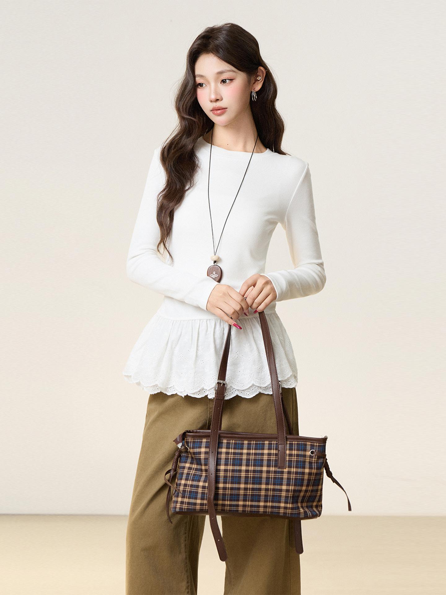 

White ballet lace hem long-sleeved T-shirt women s autumn and winter new stacked inside bottoming shirt top S белый