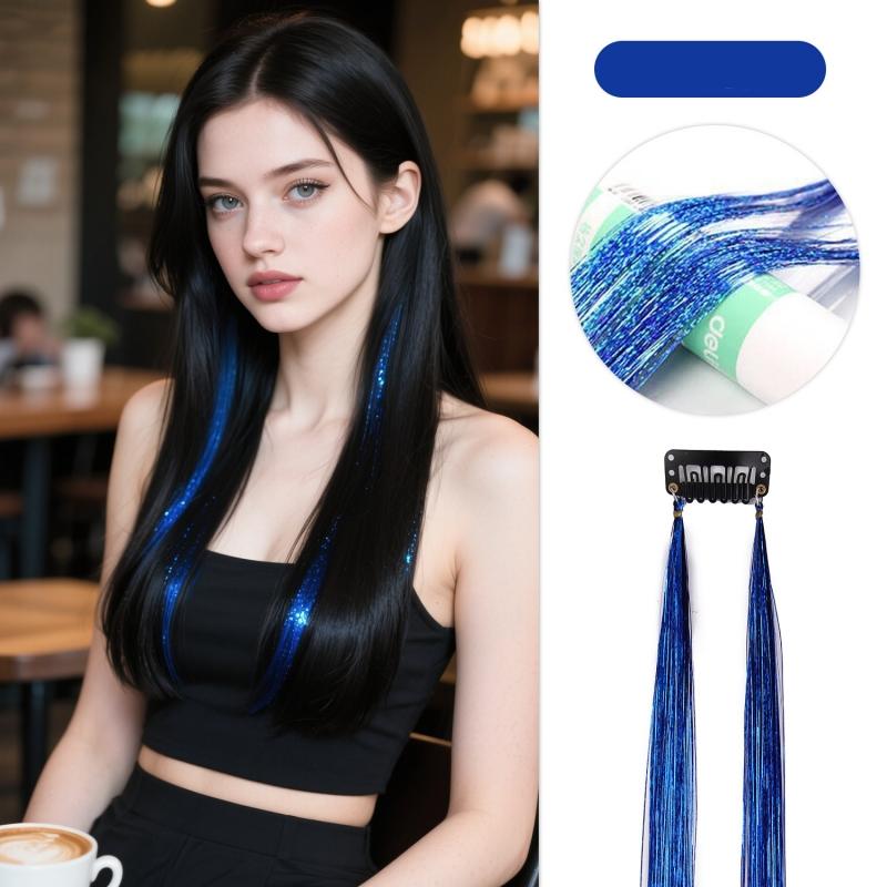 2pcs/set Laser Silk Colorful Hair Piece Extension Colorful Fake Hair Clip in One Piece Hairpiece Colorful Holographic Hair Tinsel Glitter Fairy