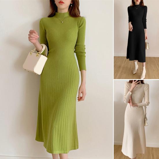 Women's Knitted A-Line Dress Half High Neck Long Sleeve Knee-Length Dress Winter Ribbed Sweater Dress Ladies Office Outfit