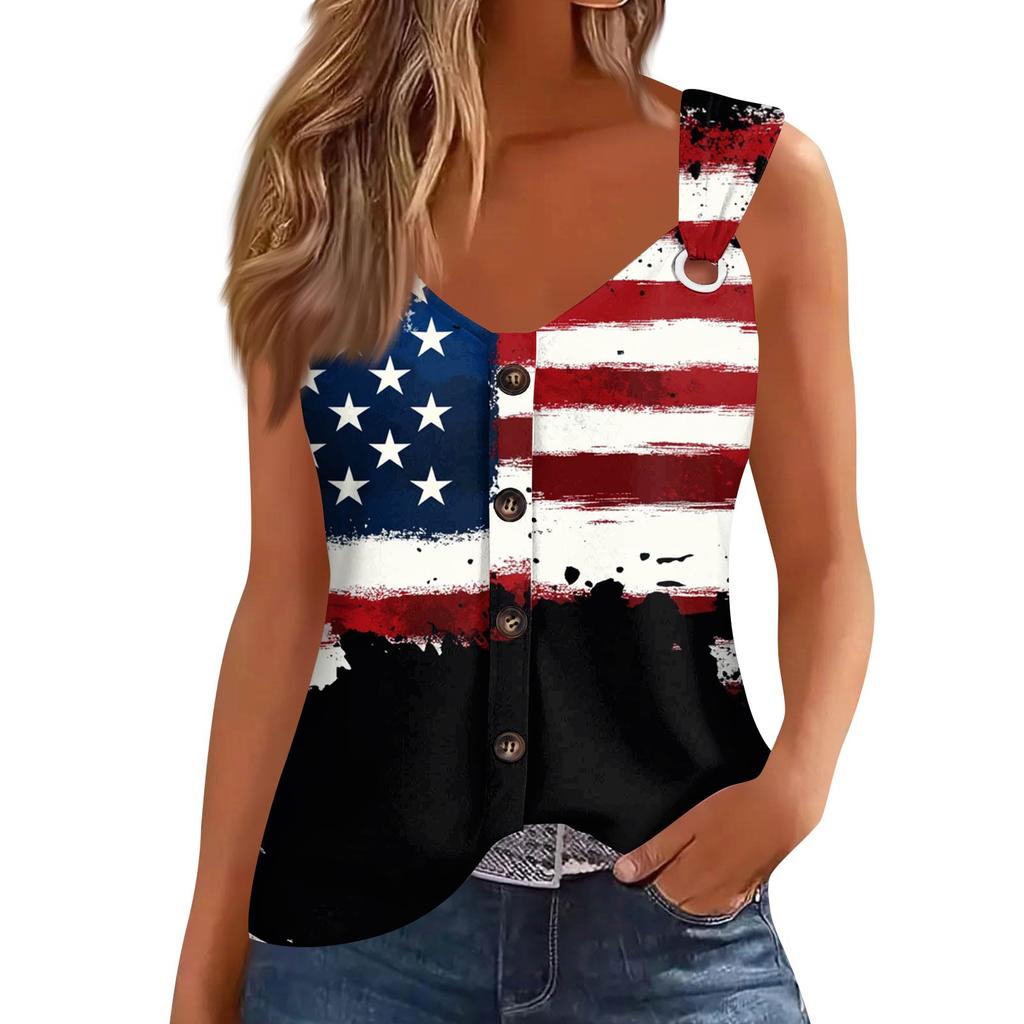 Women's Fashion Casual Loose Sleeveless Buttoned V-Neck Independence Day Printed T-Shirt Top