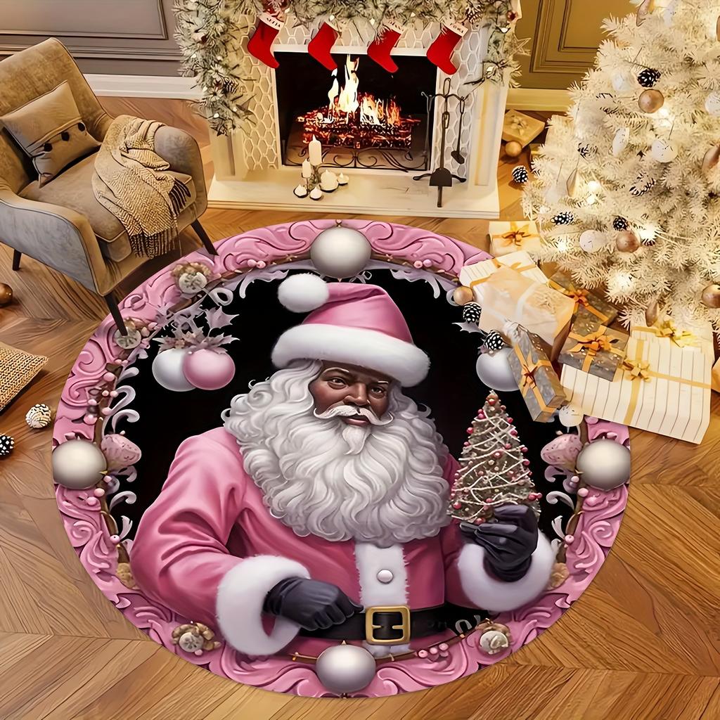 1Pcs Christmas Black Santa Pattern Round Area Rug Indoor Non-Slip Washable Fiber Carpet Soft Comfortable Mat For Bedroom Living Room