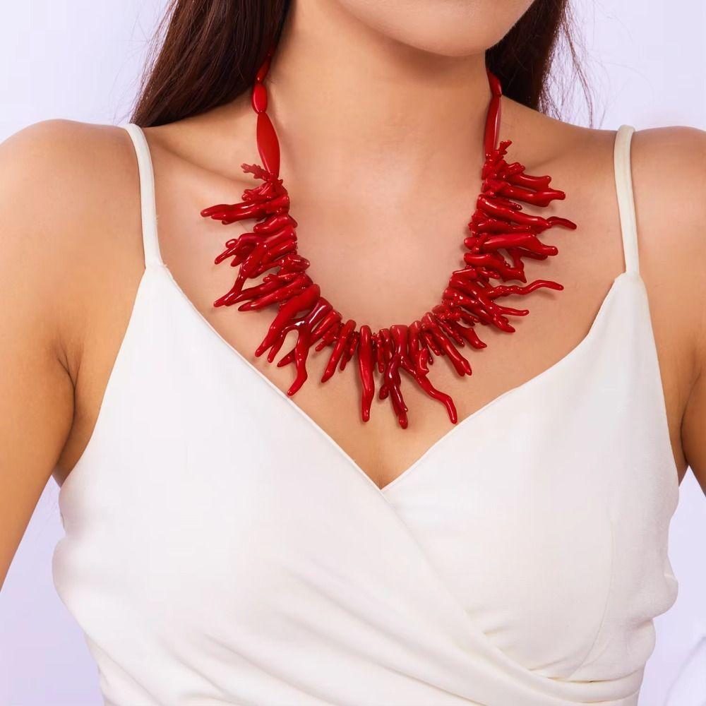 2Pcs Vintage Red Coral Choker Double Layer Ethnic Style Necklace Beaded Chain  Women