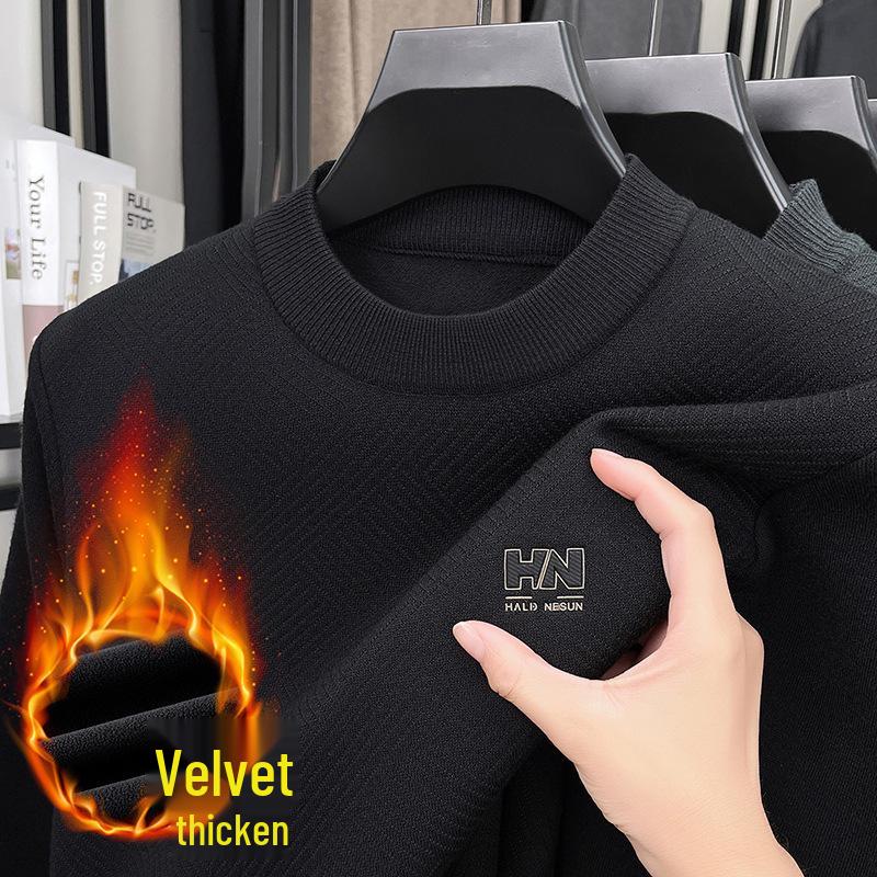 Men's Thick Plush Fleece Knit Top - Round Neck, Warm Base Layer for Winter/Autumn