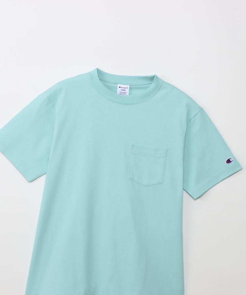 Short Sleeve Round Neck Cotton USA Short Sleeve Pocket Basic Light Blue Green [Champion] T-Shirt 100% T-Shirt C3-X357 Men's