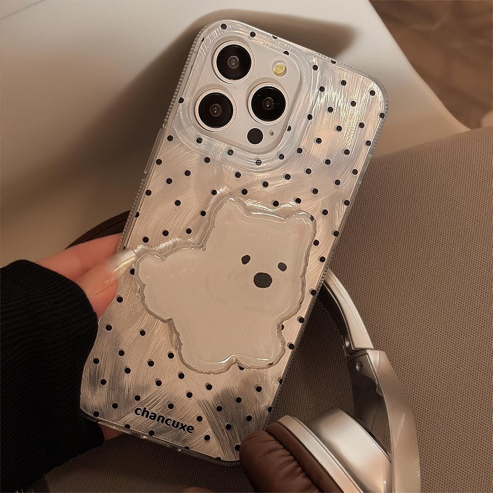 Silver Polka Dot Phone Case with Cute Dog Stand