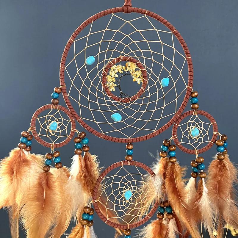 Acchiappasogni Piccolo Per Auto Con Albero Della Vita E Piuma Arancione - Ciondolo Per Specchietto Retrovisore - Decorazione Boho Artigianale