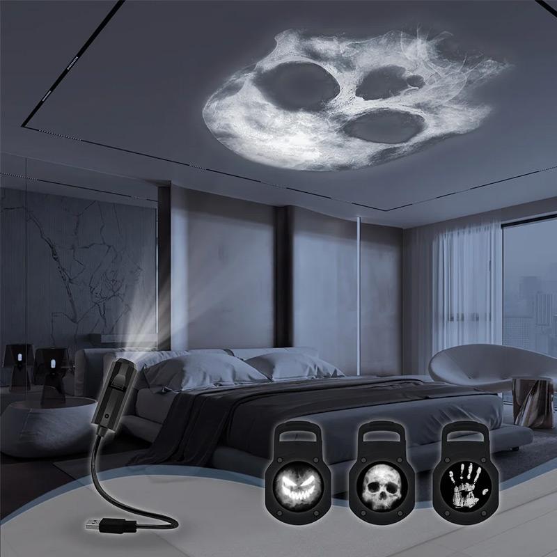 Halloween USB Projector Light Skull NightLight Ghost LED Lamp 360Degree Rotating Switchable Pattern Design Dark & Night Ambiance