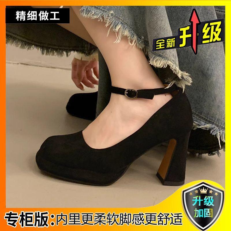 Temperament thick heel high heels women's new spring and autumn French style small man one-word buckle Mary Jane single shoes