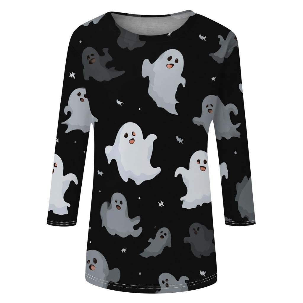Women's Fashion Casual Round Neck Three-quarter Sleeve Halloween Printed T-shirt Top