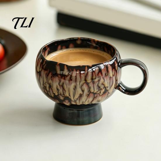 Vintage Style Afternoon Tea Mug Ceramic Coffee Mug, Reactive Glaze Latte Cup with Flow Pattern, Heat Resistant Hot Chocolate High Footed for