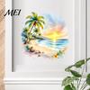 Tropical Landscape Wall Decor Sunset Palm Tree Seaside Decal, Watercolor Summer Beach Sticker, Decorative Window Film for Bathroom Coconut Art