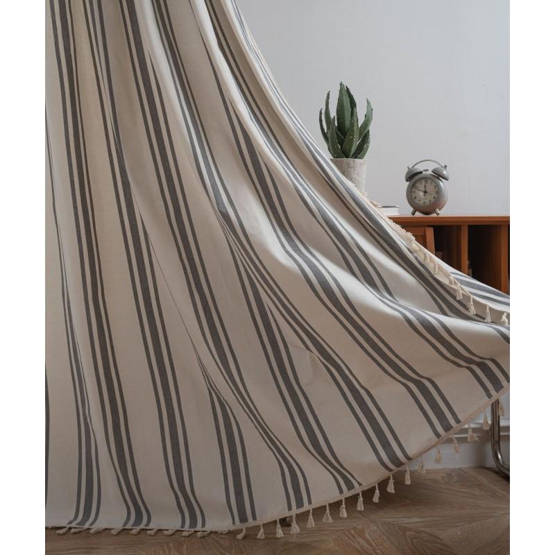 French Style Woven Stripe Cotton Linen Curtain Kitchen Dining Room Semi-Sheer Window Treatment Rod Pocket Grommet Hook