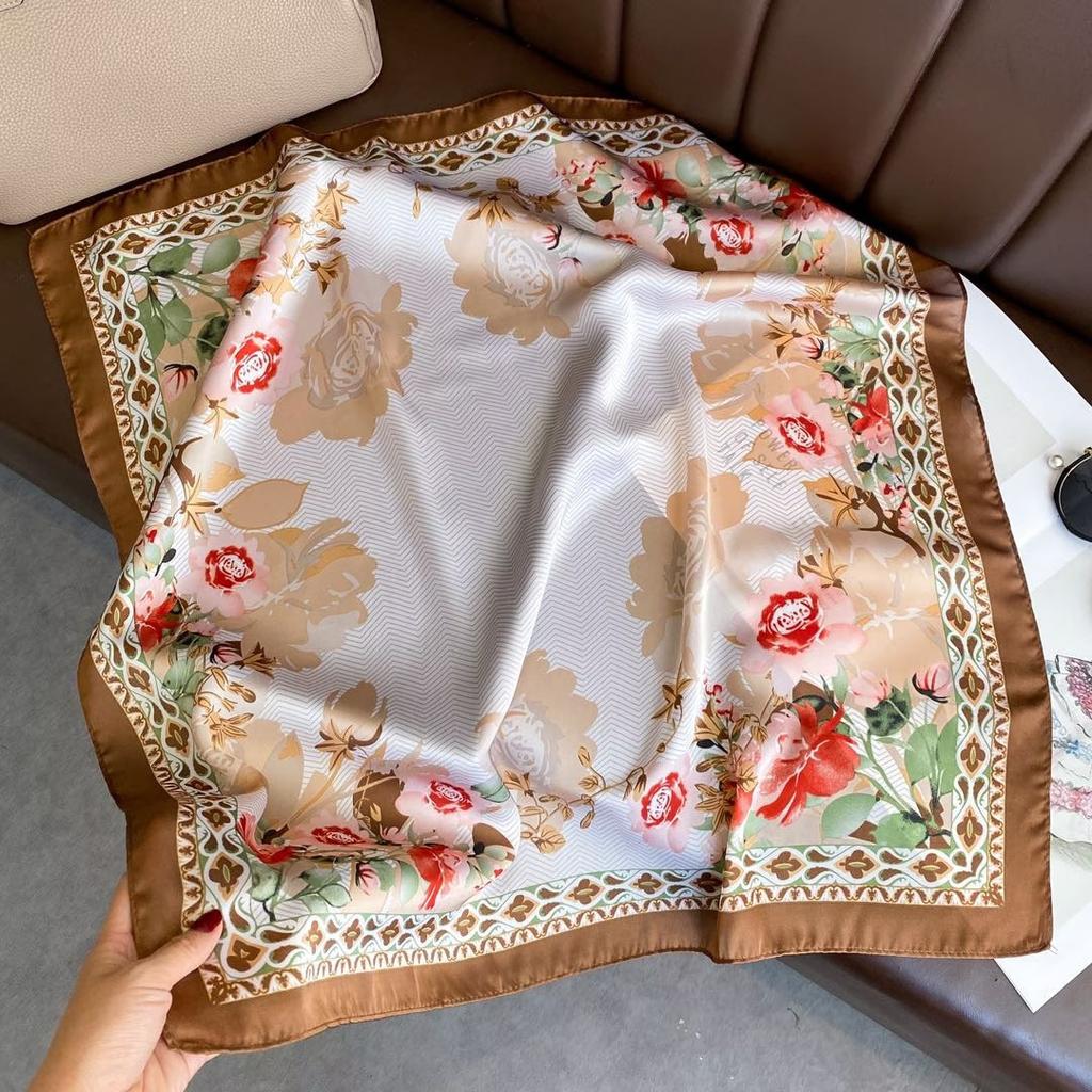 71Cm imitation silk small square scarf burgundy baroque pattern silk scarf versatile professional scarf spring and summer decorative scarf