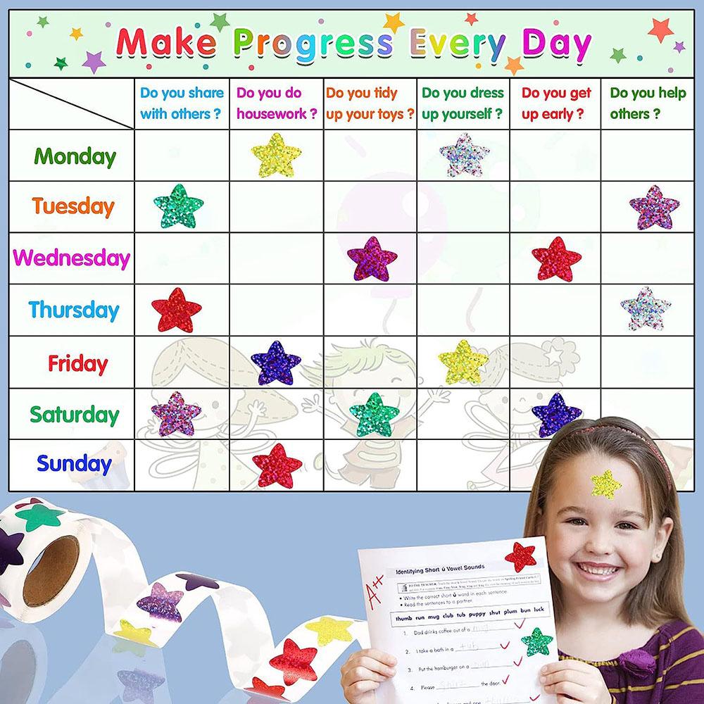 500 Stück/Rolle glitzernde Laser-Stern-Aufkleber, 2,5 cm (1,0 Zoll), DIY-Tagesplan, perfekt für Kinder, Schüler, Belohnungen, Urlaubssiegel