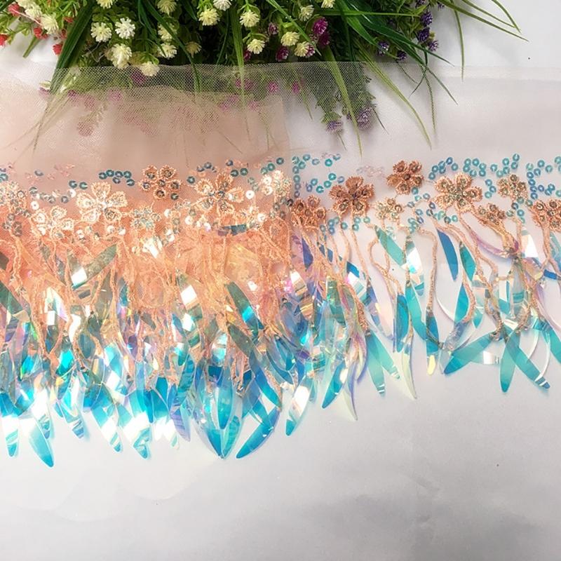 1 Yard Sequins Lace Sewing Garments Accessories DIY Fringe Mesh Tassel Embroidered Ribbon Sewing Craft for Dance Party