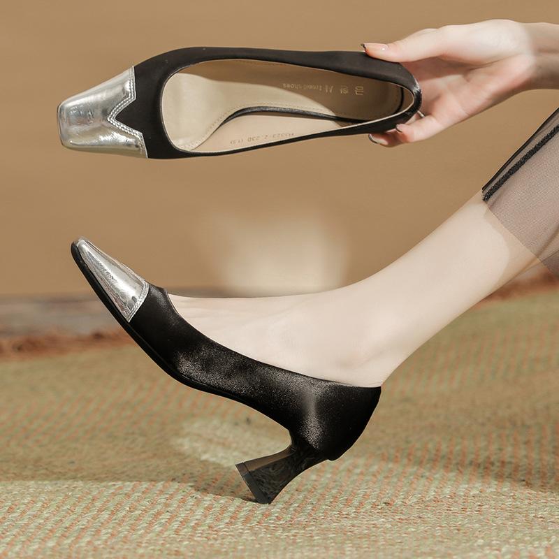 

H3323-2 design sense color matching thick heel high heels female star spring and summer size 34-40 new women s shoes outer wear 39