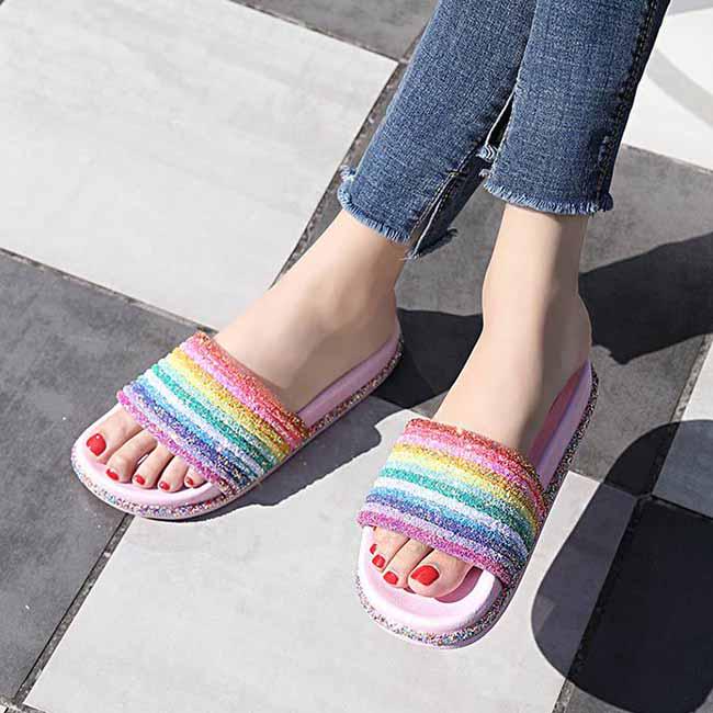 Rainbow Beach Sandals Fashion Non-slip Slippers Sequins Flip Flops Summer  Shoes for Women Girls