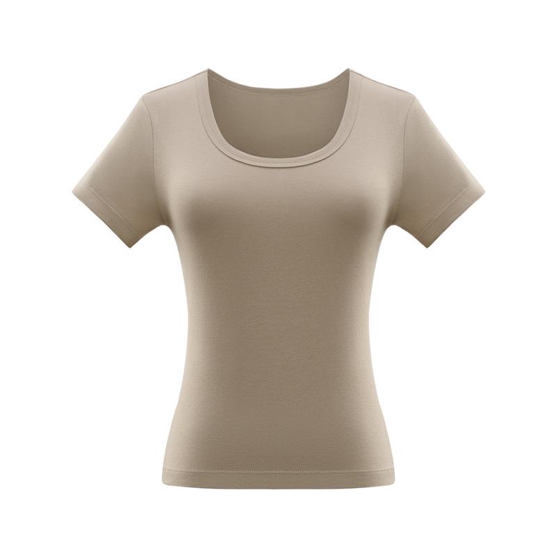 Women's Slim-Fit U-Neck T-Shirt: Trendy Summer 2025 Style, Solid Color, True Shoulder, Elastic, Short Sleeves, Thin Fabric.