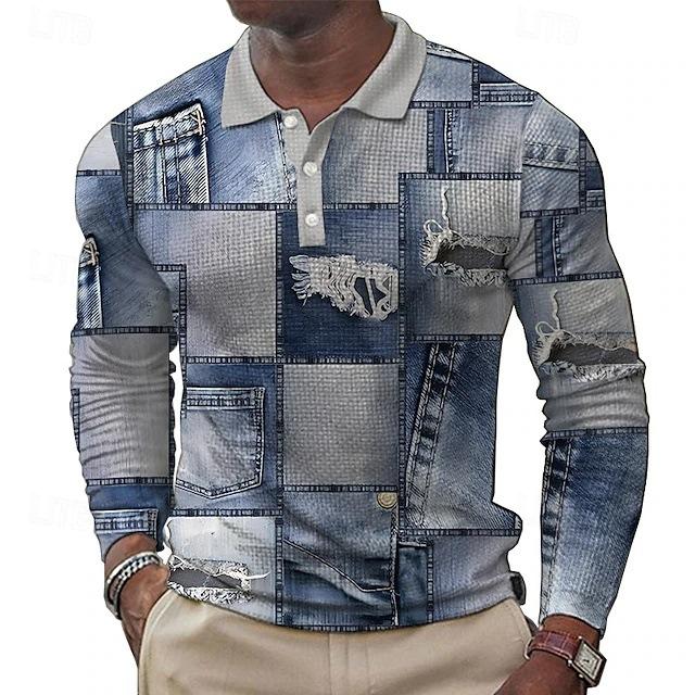 Stylish Mixed Print Long-sleeve Polo Shirt, Casual Trendy Design for Daily Wear.