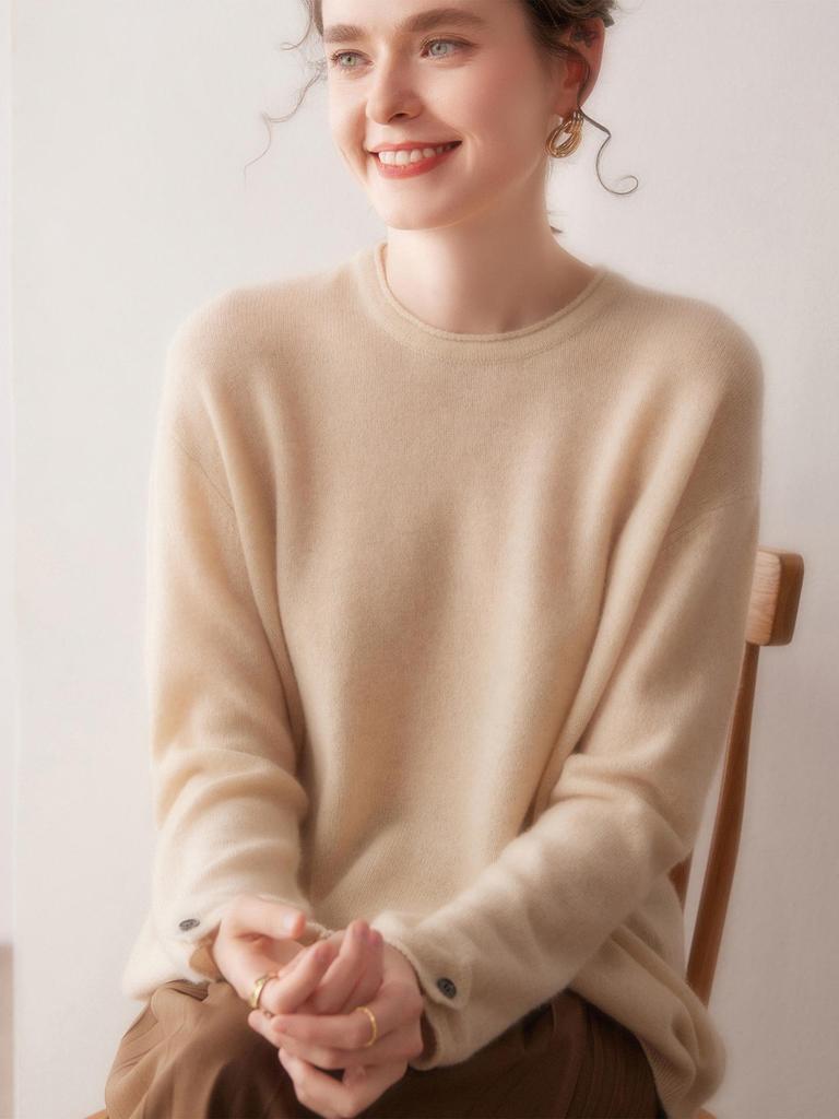 Casual Women's 100% Pure Cashmere Sweater - Loose Fit, Round Neck, Ribbed Cuffs, Buttoned Hem, Rolled Edges